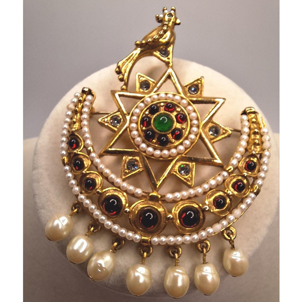 Vintage Mughal style Chand Sitara brooch bird crescent star Indian Jadau Revival
